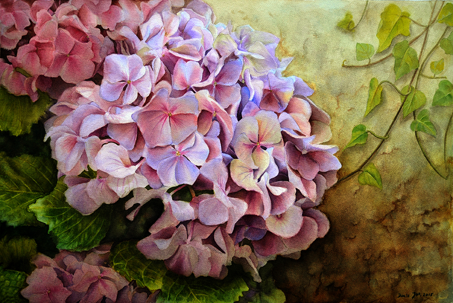 Realistic Hydrangea Painting in watercolor with ivy along a stone wall ...