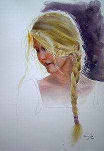 Portrait in watercolor by Doris Joa