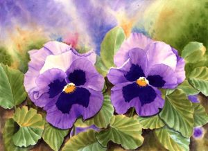 Blue Pansies in Watercolor - Painting Flowers by Doris Joa