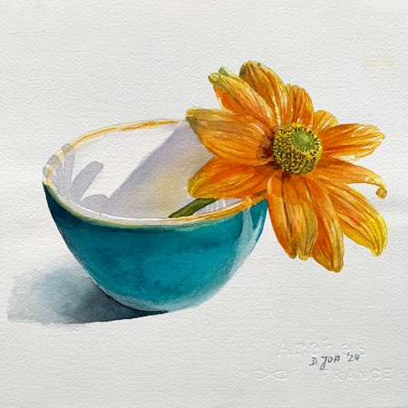 still life bowl with flower in watercolor