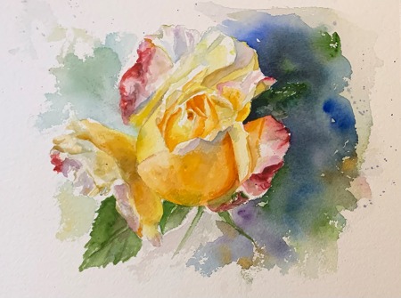 yellow rose bud in watercolor